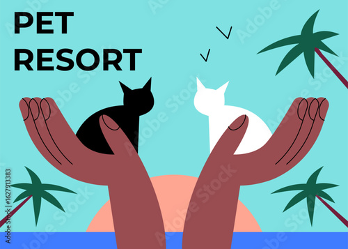 Pet resort. Black and White Cats a sandy beach, ocean in background. Funny humorous lifestyle, tropical vacation, summer holidays, warm weather theme. Flat vector illustration.
