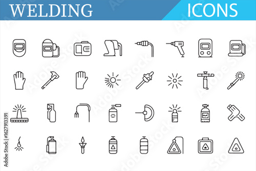 Welding tools and safety equipment in clear vector line art style.