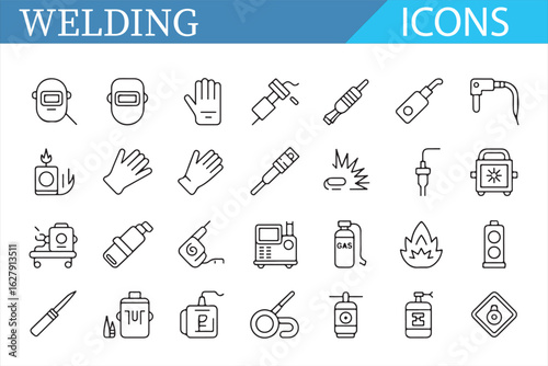 Set of welding icons, including safety gear and tools for welding process, line style illustrations.

