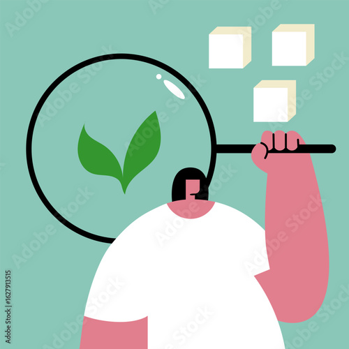 Sugar substitute searching. Low calorie artificial sweetener. Stevia plant. Flat vector illustration.