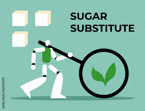 Sugar substitute with Ai Robot. Low calorie artificial sweetener. Stevia plant. Flat vector illustration.