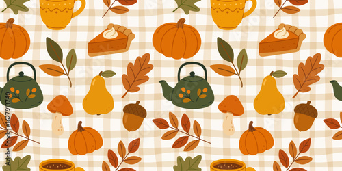 Seamless autumn pattern with pumpkins, pie, tea, mushrooms, pears, acorns, and fall leaves on cozy checkered background. Cute seasonal vector texture for fabric, wrapping paper, kitchen or home decor.