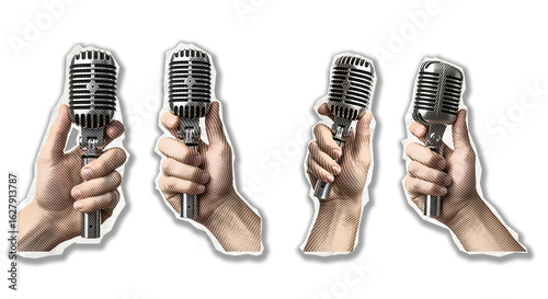 Photography A collection of cutout style hands holding vintage silver microphones for broadcasting, singing, or podcasting concepts