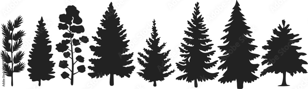 Obraz premium Collection of Black and White Tree and Foliage Silhouettes Isolated on a White Background