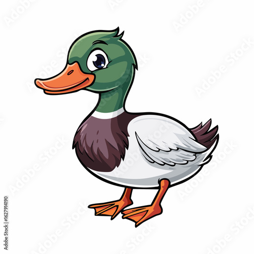 Cartoon mallard duck with vibrant plumage standing playfully on a white background