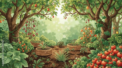 A lush garden scene with trees bearing fruit and various plants in wooden containers and on the ground