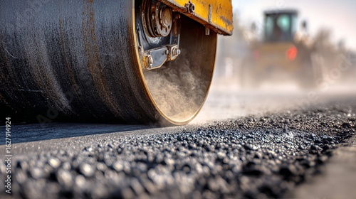 Close-up of steamroller drum compacting hot asphalt with steam rising during road construction