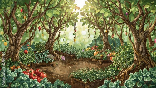 A whimsical garden scene with trees bearing fruit and raised garden beds filled with various vegetables and plants