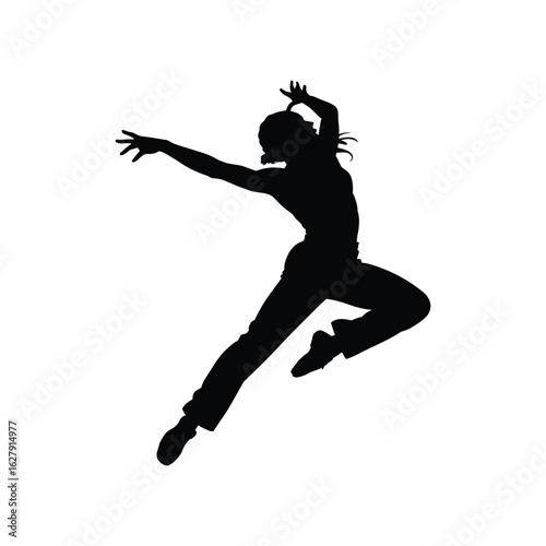 Silhouette of a woman in a dynamic dance pose against a white background