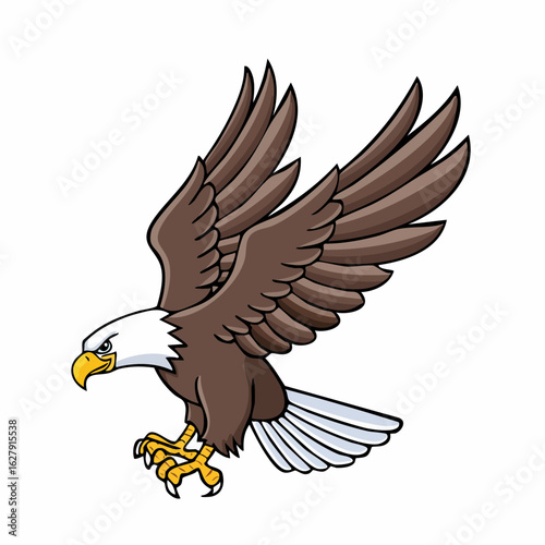 Majestic Cartoon Eagle Soaring with Brown Feathers against a White Background