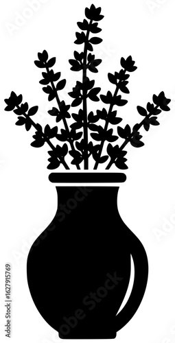 Thyme plant in a small pot with thyme near a flower on a windowsill