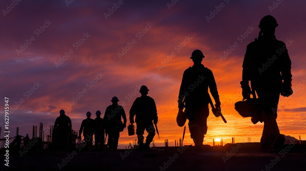 Fototapeta premium Silhouetted Construction Workers Walking Against a Vibrant Orange and Purple Sunset Sky Carrying Tools