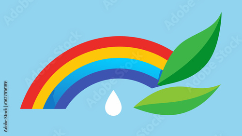 Rainbow Waterdrop Green Leaves Light Blue Background