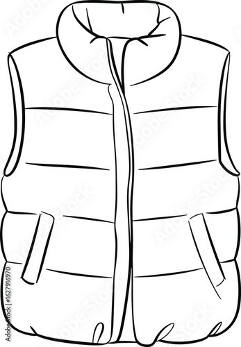 CAD Drawing Flat Vector Illustration, Stylish Puffer Vest with Quilted Design, Warm, Comfortable, Sleeveless Outerwear, Winter Fashion, Outdoor Gear
