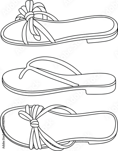 CAD Drawing Flat Vector Illustration, Stylish Summer Sandals with Bow and Knot Detail, Comfortable Footwear, Minimalist Line Art, Fashion Accessory