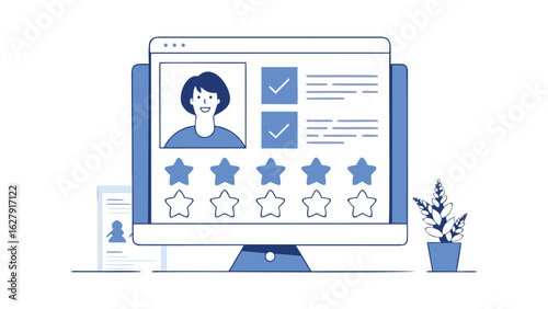 Illustration of a computer screen showing a profile with positive reviews and checkmarks displayed