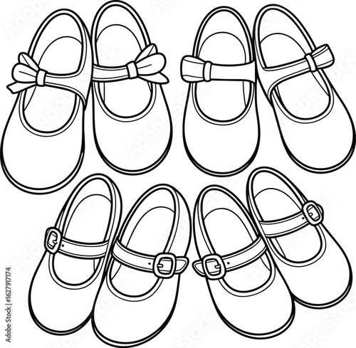CAD Drawing Flat Vector Illustration, Mary Jane Shoes Collection, Children’s Footwear Design, Fashion Accessories, Elegant Style, Strap Detail, Clipart