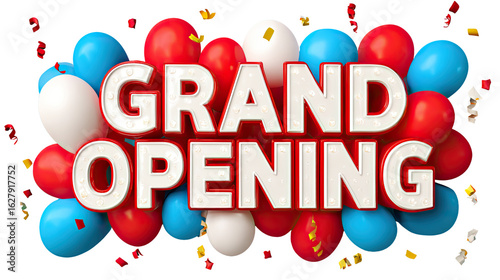 Grand Opening Announcement: A vibrant display of red, white, and blue balloons forms the backdrop for a bold Grand Opening announcement. Perfect for promoting new businesses, events.