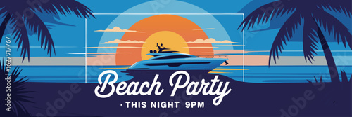 Illustrated Beach Party Invitation with Yacht Silhouette at Sunset Framed by Palm Trees
