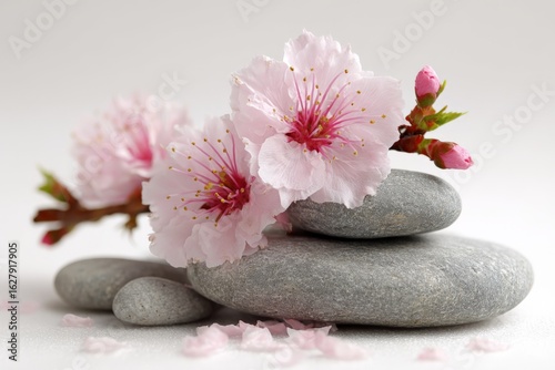 Delicate pink cherry blossoms resting on smooth gray stones create a serene natural arrangement