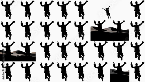 Silhouette figures jumping with arms raised in a celebratory pose against a white background pattern