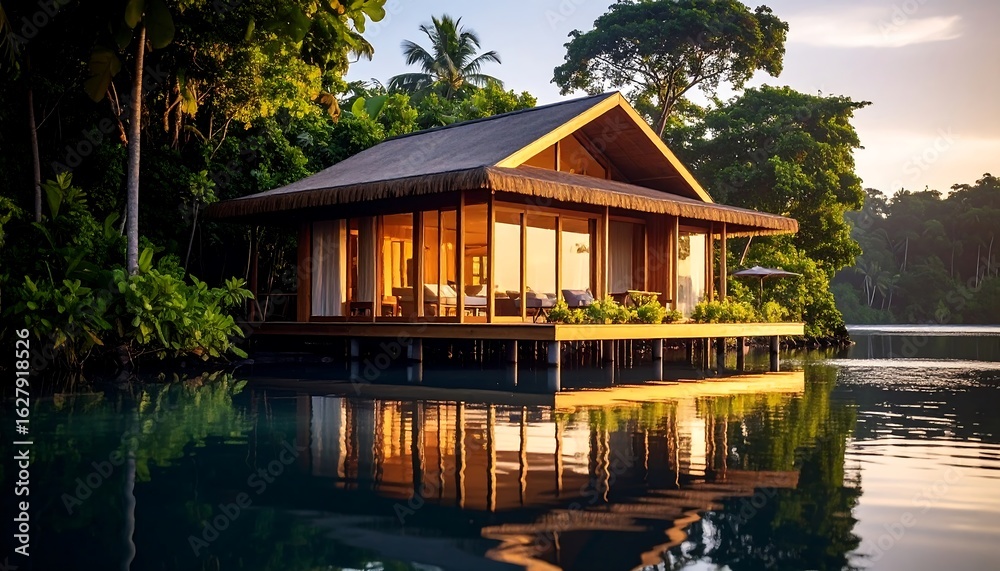 Obraz premium Tropical House on Stilts Over Water at Sunset with Lush Greenery