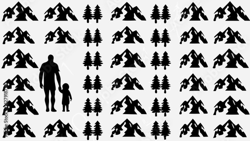 Silhouette pattern featuring mountains, pine trees, and a father and child holding hands in black
