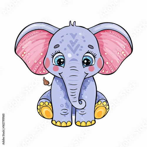 Adorable cartoon elephant illustration with big eyes and pink ears for kids art