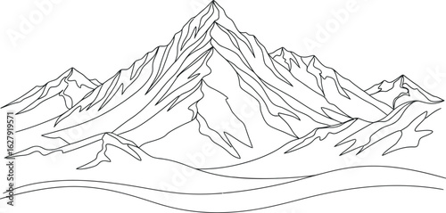 Detailed hand drawn sketch of a majestic mountain range with intricate lines and shading isolated on transparent background