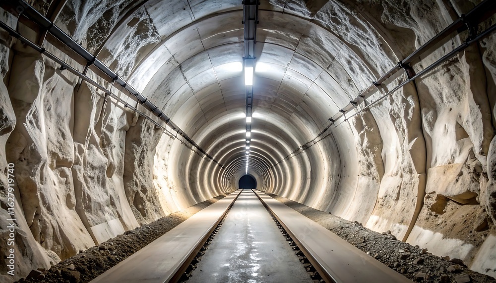 Obraz premium Tunnel with Rail Tracks and Lights Receding Into Distance