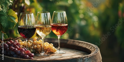 Three wine glasses filled with red, white, and ros? wine, set on a wooden barrel amidst grape vines