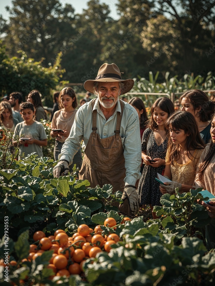 Obraz premium Farmer showing a group of people a field of orange vegetables on a sunny day outdoors in a garden