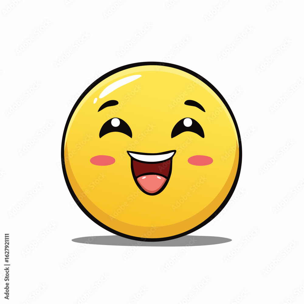 Fototapeta premium Cheerful yellow cartoon emoji face with happy expression and rosy cheeks illustration