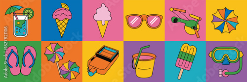 Colorful Summer Icons Refreshing Drink, Ice Cream, Sunglasses, Sand Bucket, Snorkel, Flip Flops, Beach Toys