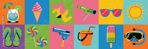 Colorful Summer Icons Cocktail, Ice Cream, Flip Flops, Sun, Sand Toys, and More Illustration