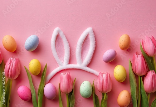 Pastel Easter celebration. A flat lay featuring pink tulips, colorful Easter eggs, and a white bunny headband against a soft pink background