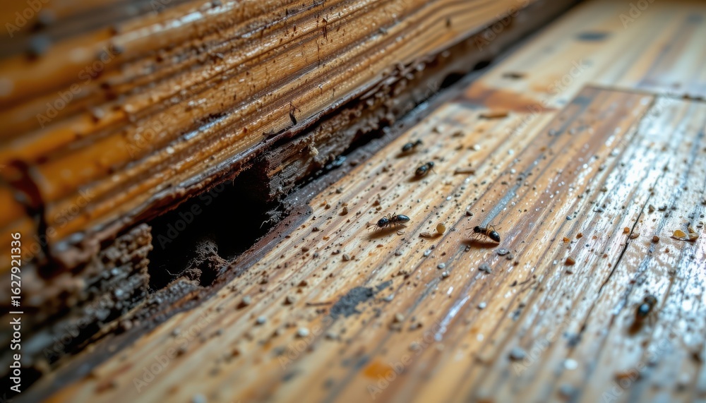 Obraz premium persistent moisture on wooden floors attracts termites and insects which bore into wood causing structural damage and costly repairs over time