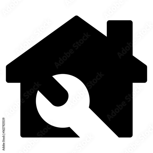 Icono silueta casa con herramienta llave fija en espacio negativo 