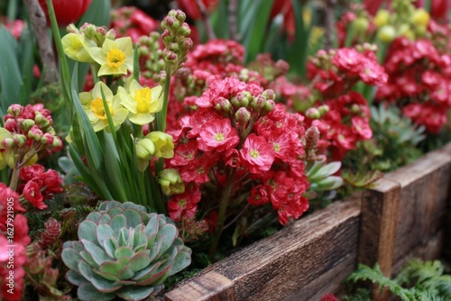 Wallpaper Mural Colorful display of spring flowers in a wooden planter at a garden show Torontodigital.ca