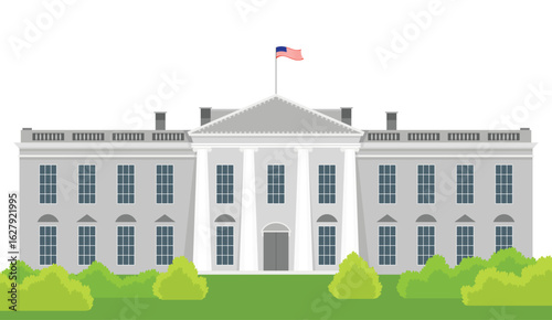 White House US presidential election American flag iconic building front view with garden trees