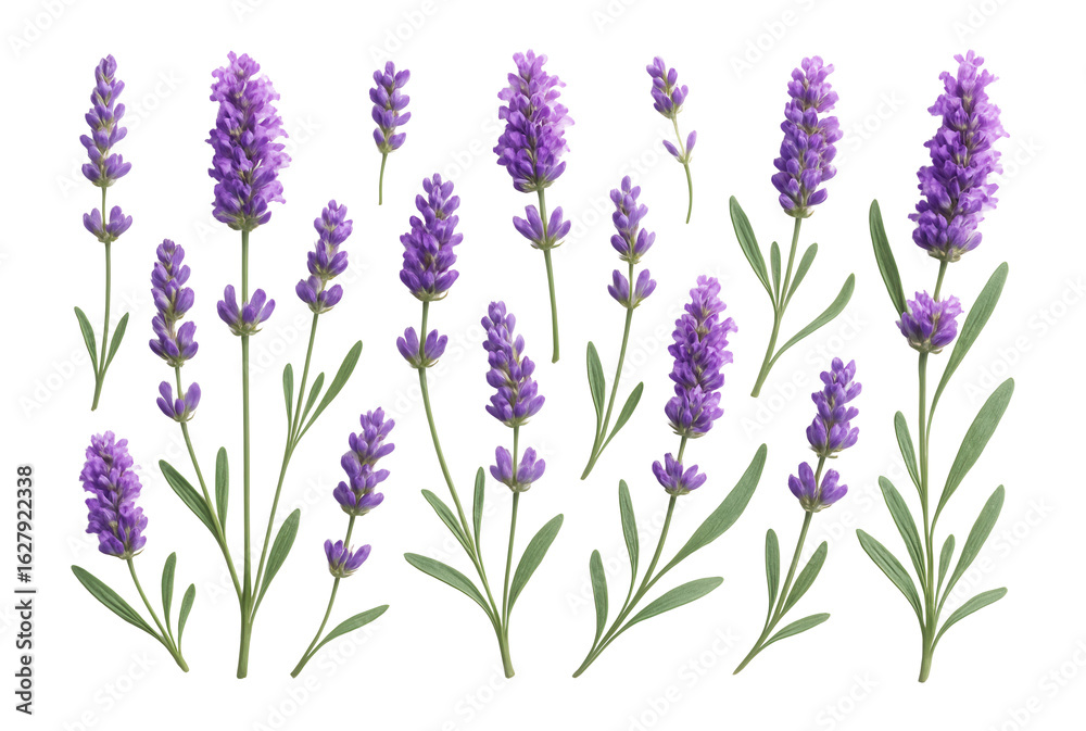Obraz premium A collection of vibrant purple lavender flowers with green stems and leaves on transparent background.