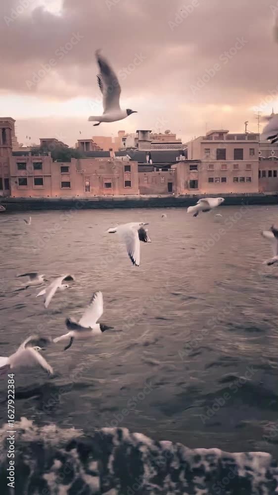 A peaceful sunset scene along a Middle Eastern river Creek, where a small boat carrying people gently drifts through calm waters. The sky is painted in warm golden tones, and numerous seagulls around. A peaceful sunset scene along a Middle Eastern river Creek, where a small boat carrying people gently drifts through calm waters. The sky is painted in warm golden tones, and numerous seagulls around.