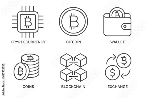 Cryptocurrency concepts: bitcoin, wallets, coins, blockchain, and exchange illustrations