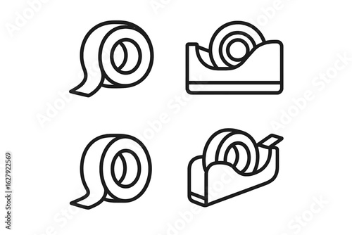 Set of tape icons: dispensers and rolls in black and white design