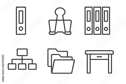 Office supply icons: binder clip, file folders, binder stand, desk, file cabinet outline