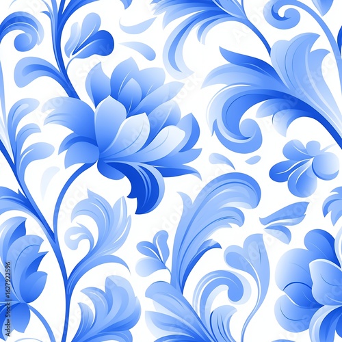 Blue Floral Seamless Pattern on White Background