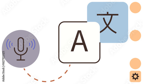 Microphone icon, language symbols, and gear icon represent voice recognition, translation, language learning, accessibility, communication, technology, and customization in simple flat metaphor