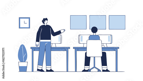 Illustration of two people in an office setting with desks computers and a plant on the left side