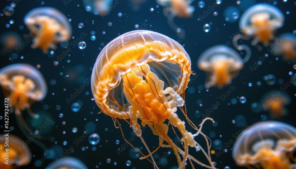 Obraz premium jellyfish light emissions can act as a decoy confusing predators while the jellyfish quickly moves away to safer areas.