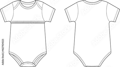 Baby onesie, CAD drawing, flat vector illustration, front and back view, detailed stitching, short sleeves, apparel, fashion sketch, garment design, babywear, technical drawing, clothing pattern, 